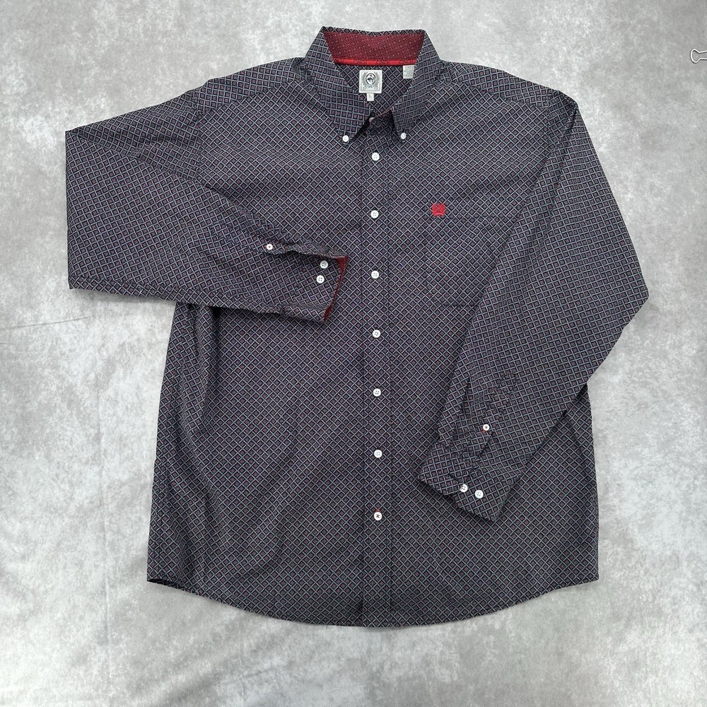 Cinch Men's L Classic Fit Dress Shirt Black/Red Geometric Cotton Button-Down